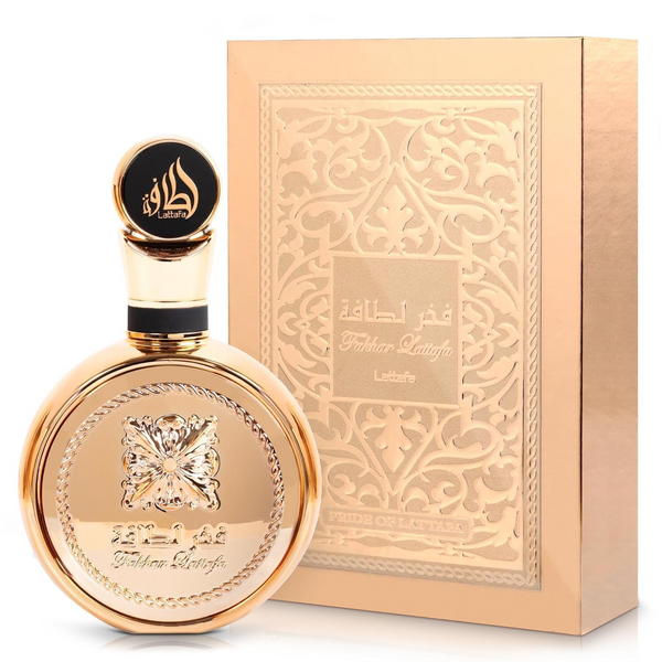 Lattafa Fakhar Gold Eau de Parfum 100ml bottle with gold accents, elegant fragrance design, and clear packaging.