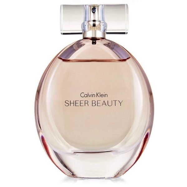 Calvin Klein Sheer Beauty Eau de Toilette for women, clear glass bottle with floral design and white cap.