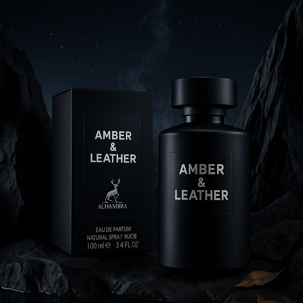 Alhambra Amber & Leather 100m fragrance bottle with amber-colored liquid and leather accents, showcasing elegant packaging.