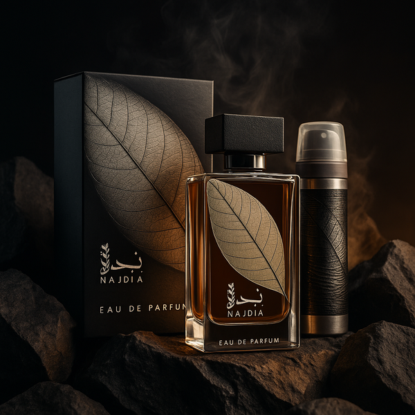 Lattafa Najdia Edp 100ml perfume bottle with clear glass and gold accents on a white background.