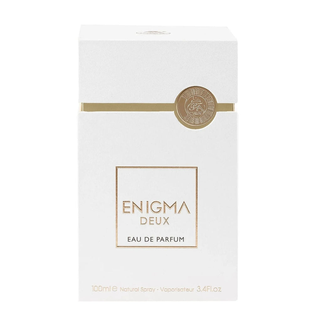 Fragrance World Enigma Deux Eau de Parfum 100ml bottle for men and women, sleek glass container with a modern design.