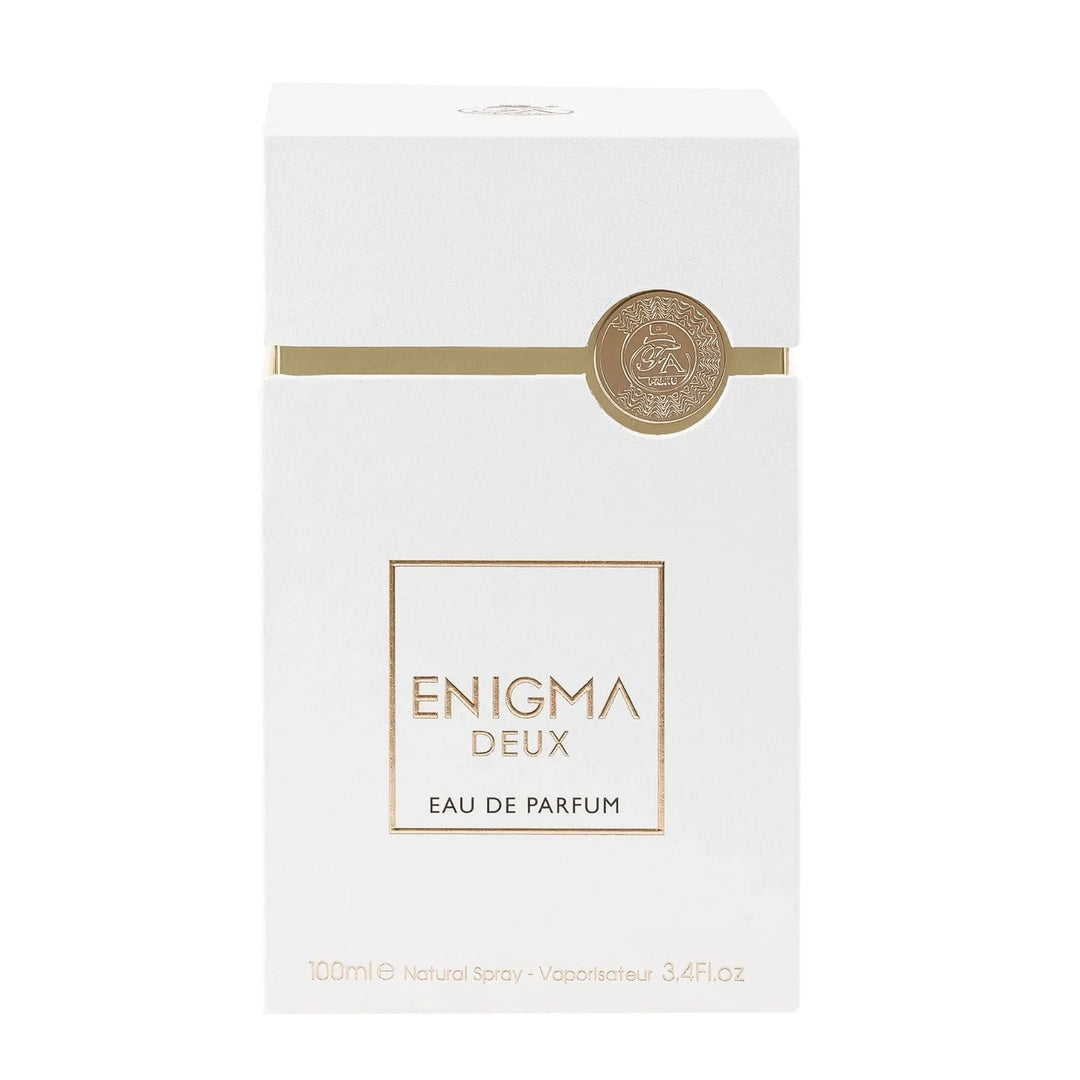 Fragrance World Enigma Deux Eau de Parfum 100ml bottle for men and women, sleek glass container with a modern design.