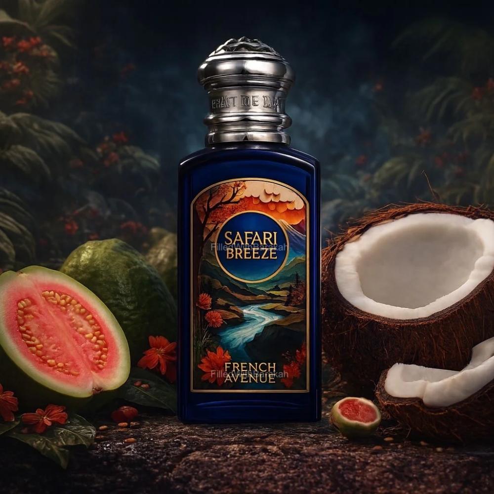 French Avenue Safari Breeze unisex Eau de Parfum bottle with elegant label and sleek design, 100ml size, on a neutral background.