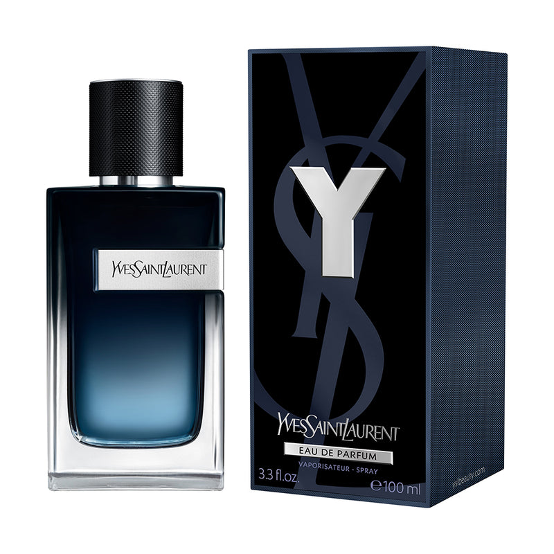 Yves Saint Laurent Y Eau De Parfum for Men 100ml bottle with sleek black and silver design on a white background
