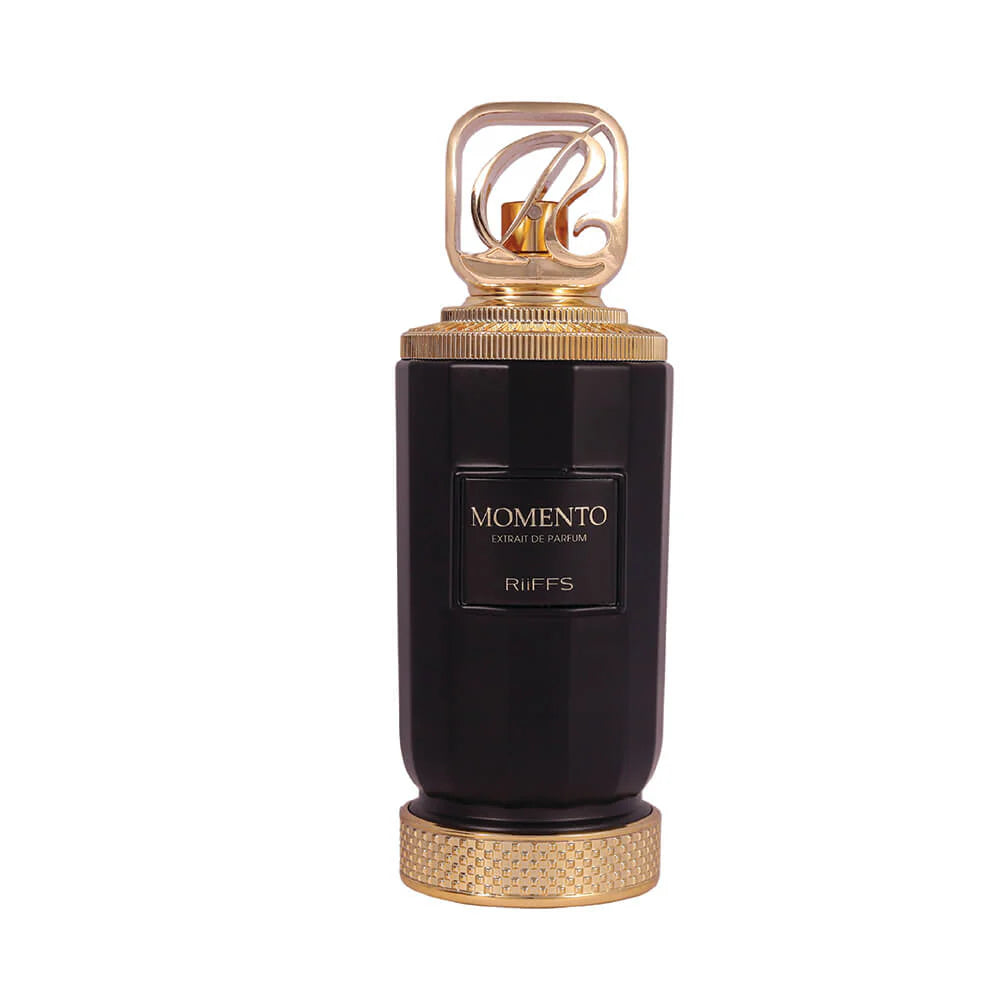 Riiffs Momento Eau De Parfum for men, 100ml bottle, featuring sleek glass design and elegant fragrance display.