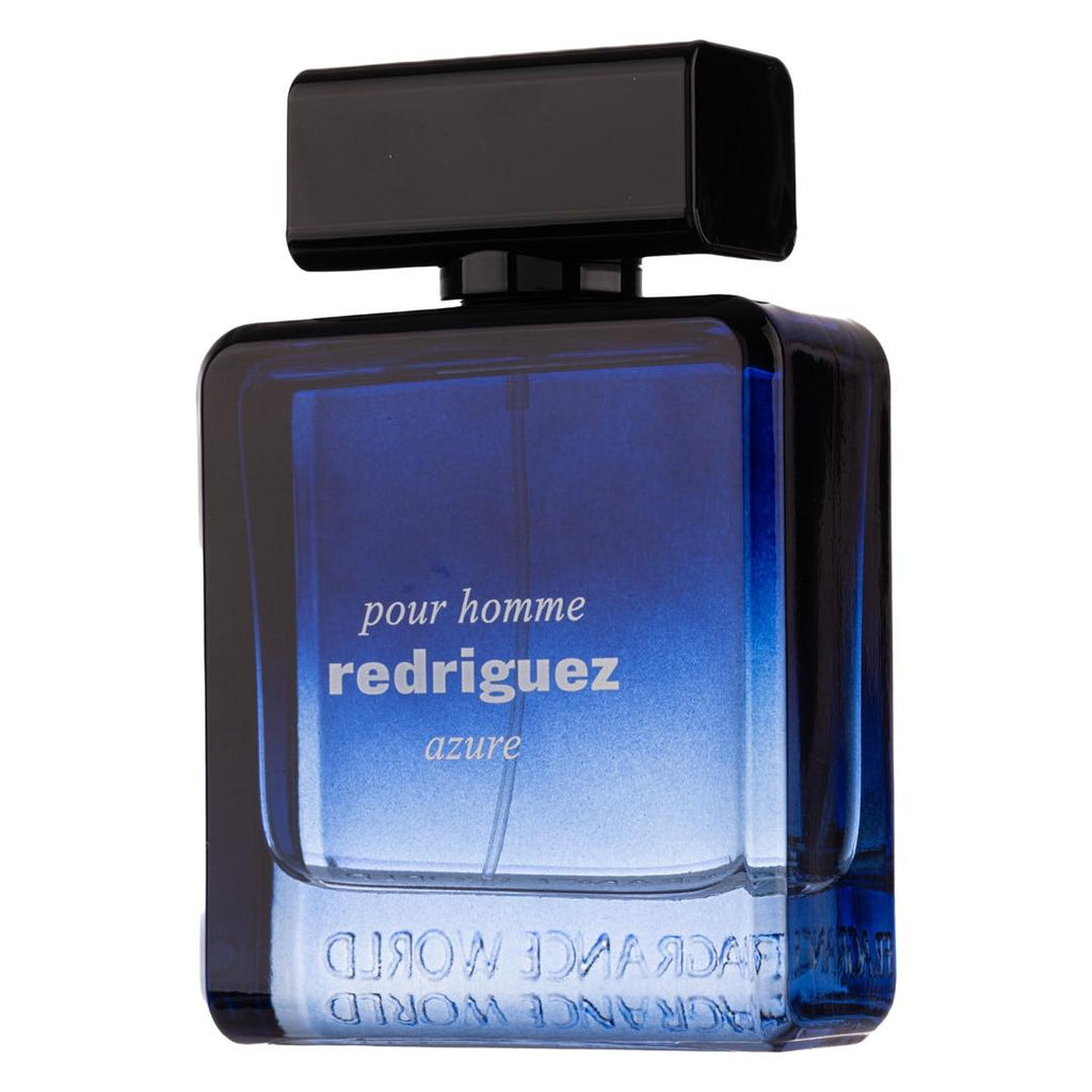 Fragrance World Redriguez Azure Eau De Parfum 100ml for men, featuring a sleek bottle with a modern blue and silver design.