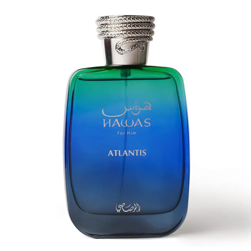 Rasasi Hawas Atlantis Eau De Parfum 100ml for men, featuring a sleek bottle with blue accents and a sophisticated fragrance.
