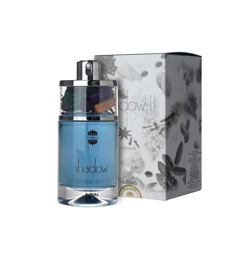 Ajmal Shadow II Pour Homme Eau De Parfum for men, featuring a sleek glass bottle with a dark fragrance liquid.