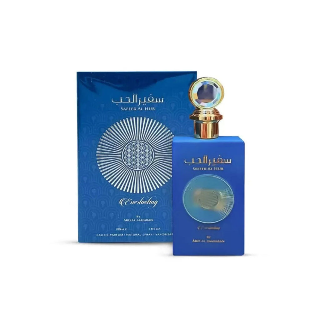 Ard Al Zaafaran Safeer Al Hub Everlasting Eau De Parfum for Men, 100ml, featuring a sleek perfume bottle with elegant design.