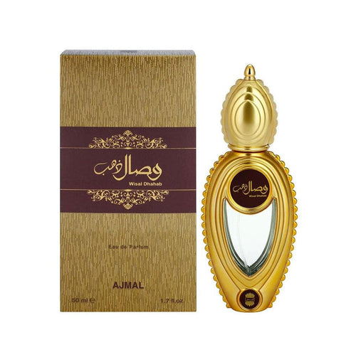 Ajmal Wisal Dhahab Eau De Parfum 50ml bottle for men and women, elegant glass container with gold accents and fragrance details.