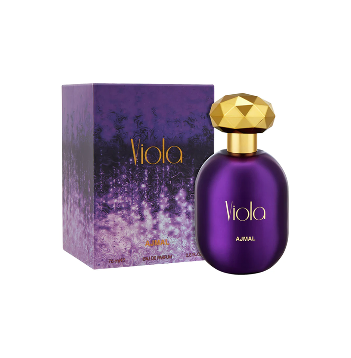 Ajmal Viola Eau De Parfum 75ml for women, featuring a sleek perfume bottle with floral and violet accents.