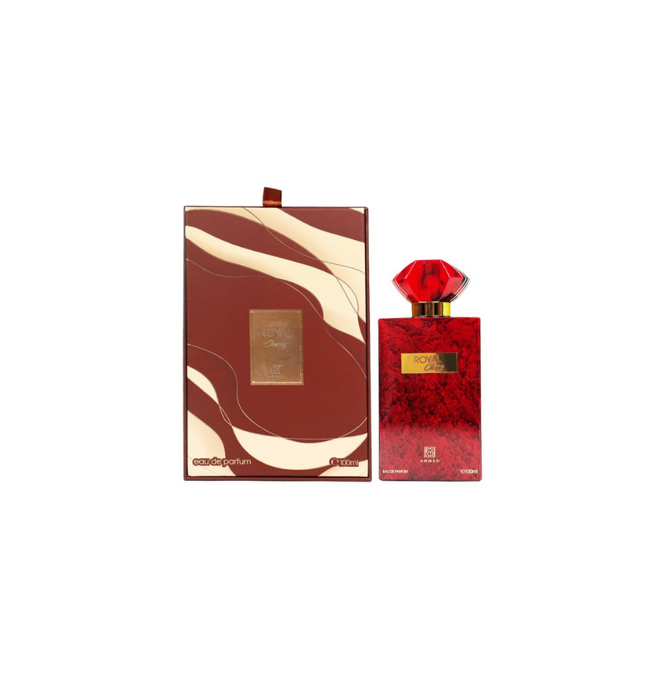 Ahmed Al Maghribi Royal Cherry Eau de Parfum 100ml bottle for men and women, elegant packaging and fragrance details visible.