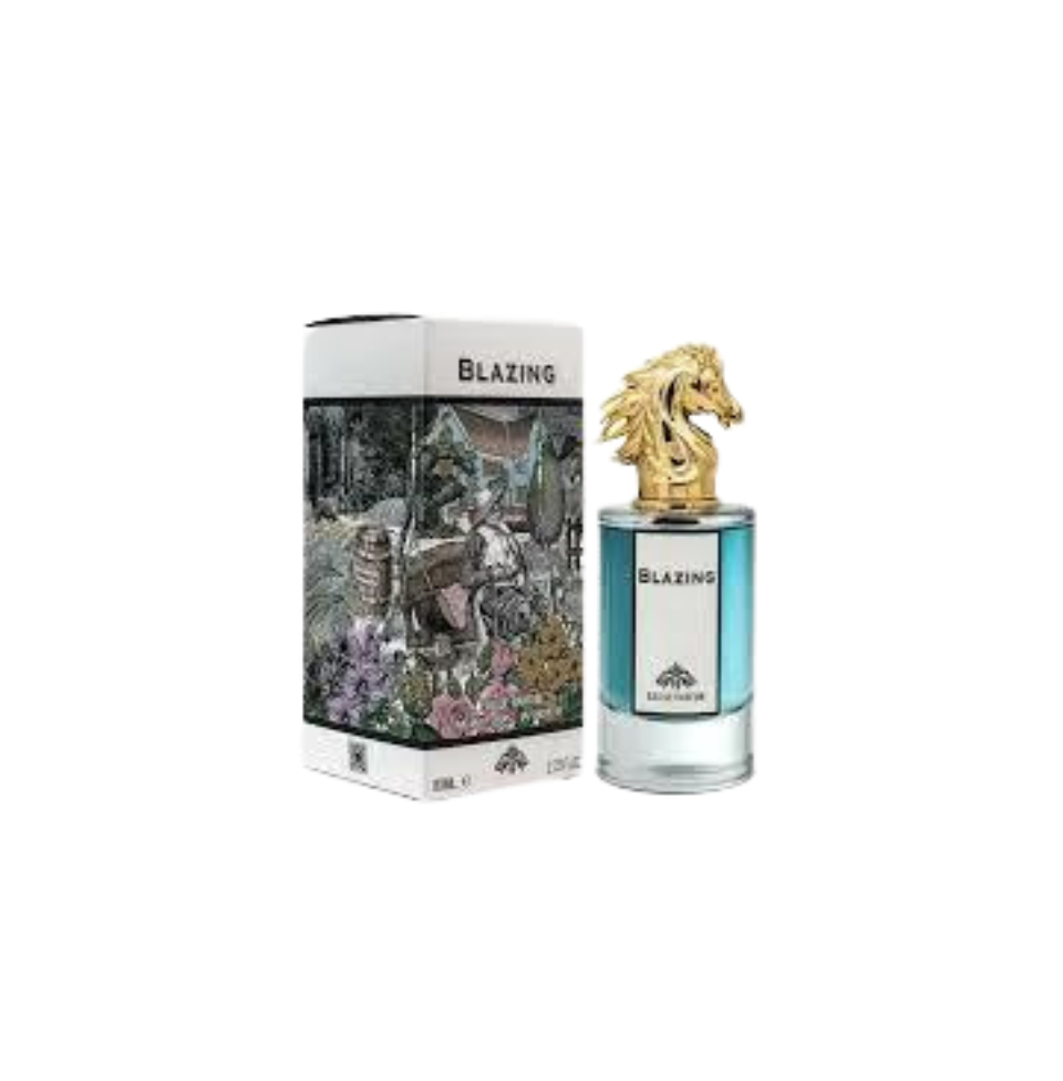 Fragrance World Blazing Eau de Parfum for Men, 80ml bottle with sleek black and gold design, featuring a modern fragrance label.