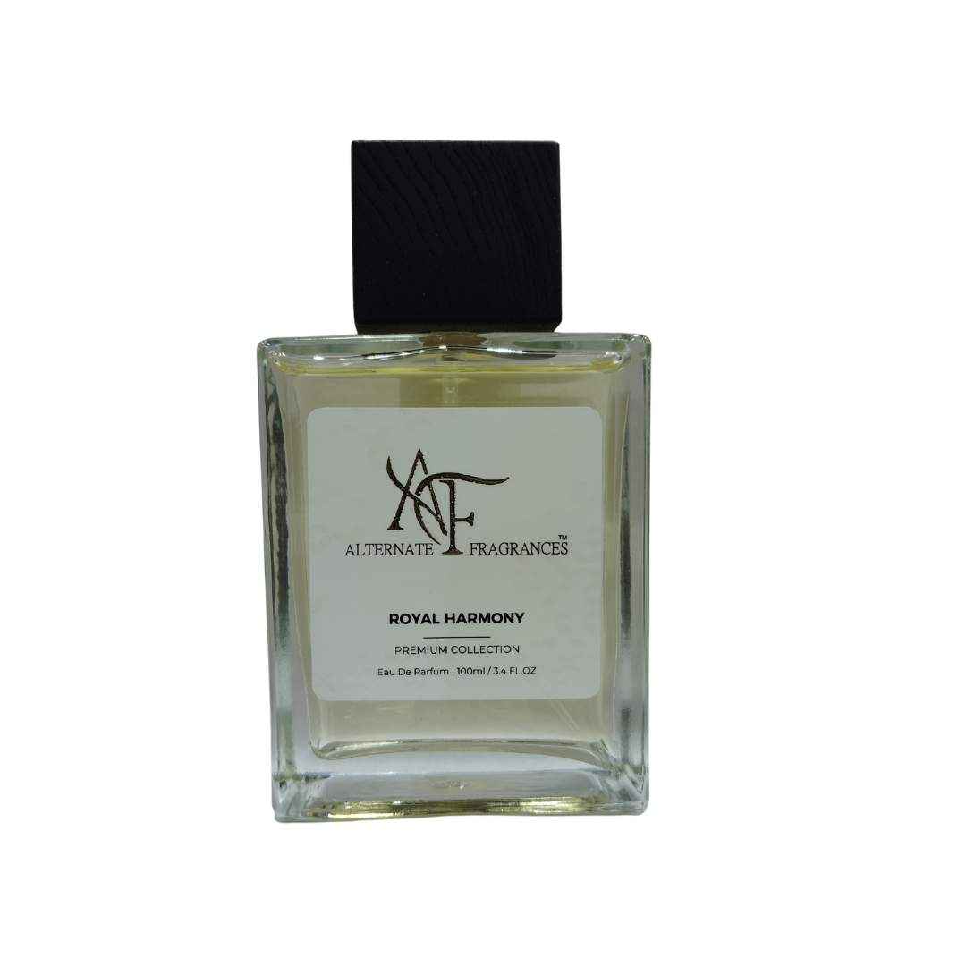 Royal Harmony EDP by Rini Deals, elegant perfume bottle with floral and woody notes, displayed on a soft background.