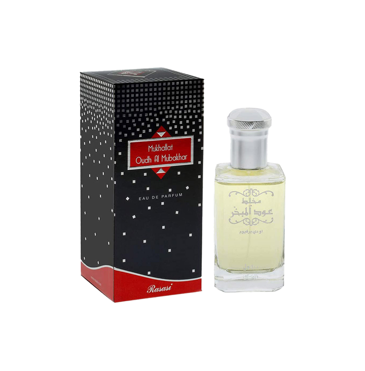 Rasasi Mukhallat Oudh Al Mubakhar Eau De Parfum 100ml for men and women, featuring a floral and woody fragrance bottle.