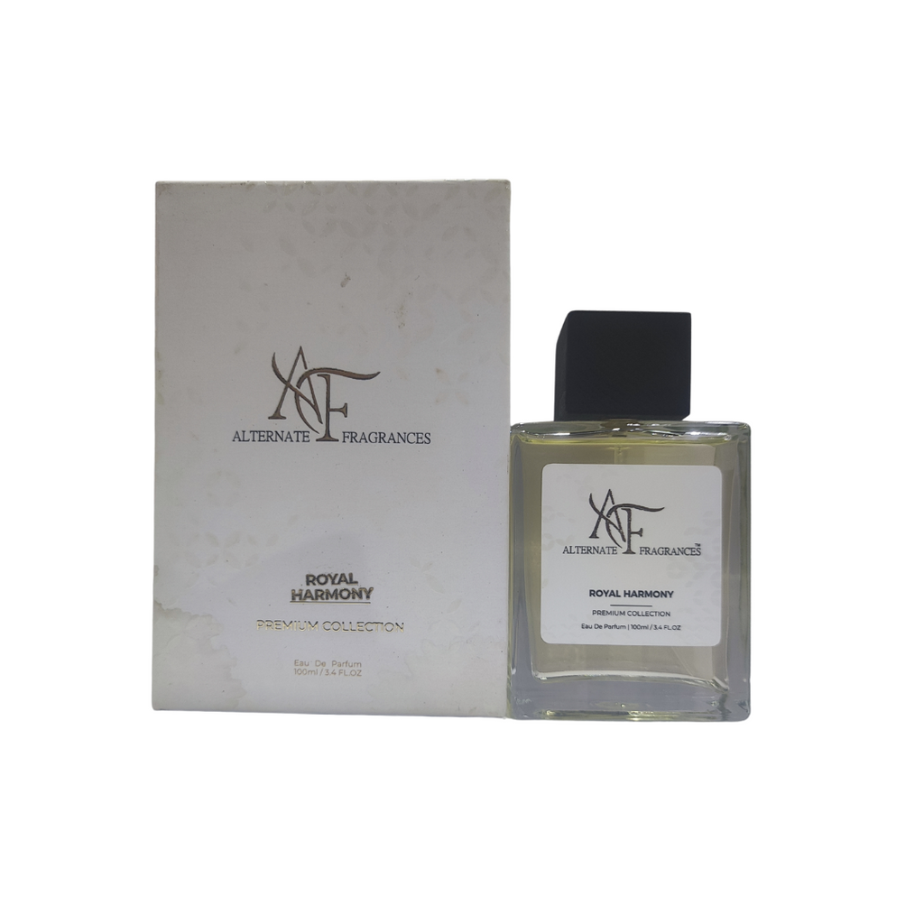 Royal Harmony EDP by Rini Deals, elegant perfume bottle with floral and fruity notes, displayed on a neutral background.