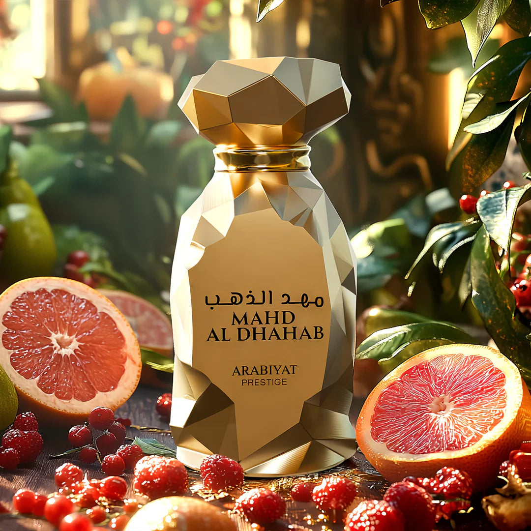 Arabiyat Prestige Mahd Al Dhahab Eau De Parfum 100ml bottle for men and women, elegant glass container with gold accents.