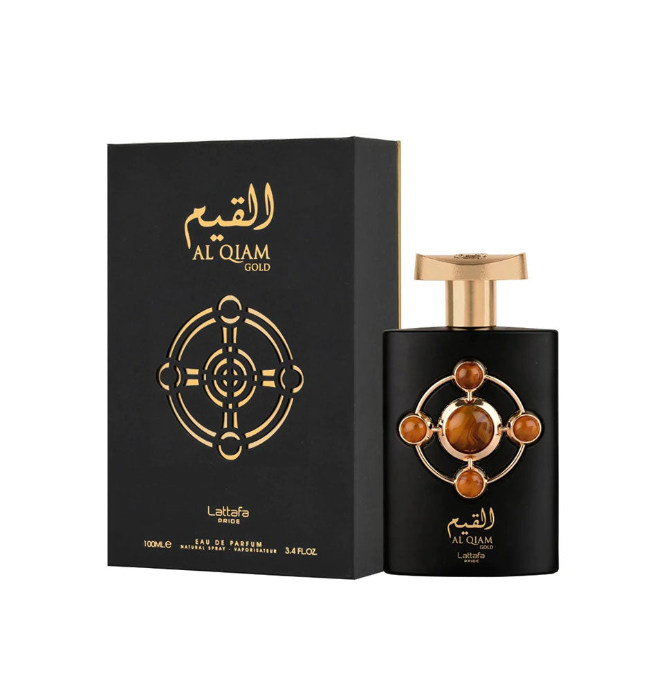 Lattafa Pride Al Qiam Gold Eau De Parfum 100ml bottle for men and women, featuring a gold-colored fragrance bottle with elegant design