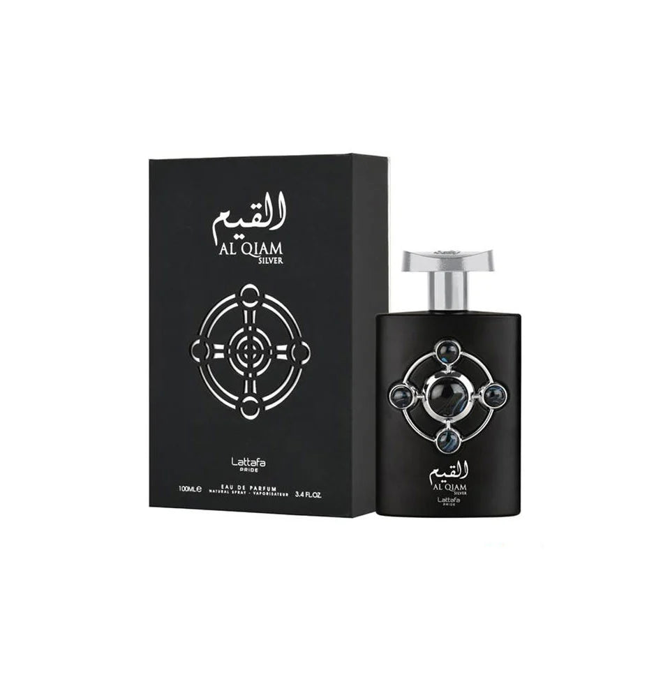 Lattafa Pride Al Qiam Silver perfume bottle for men and women, 100ml, sleek silver design with elegant branding.