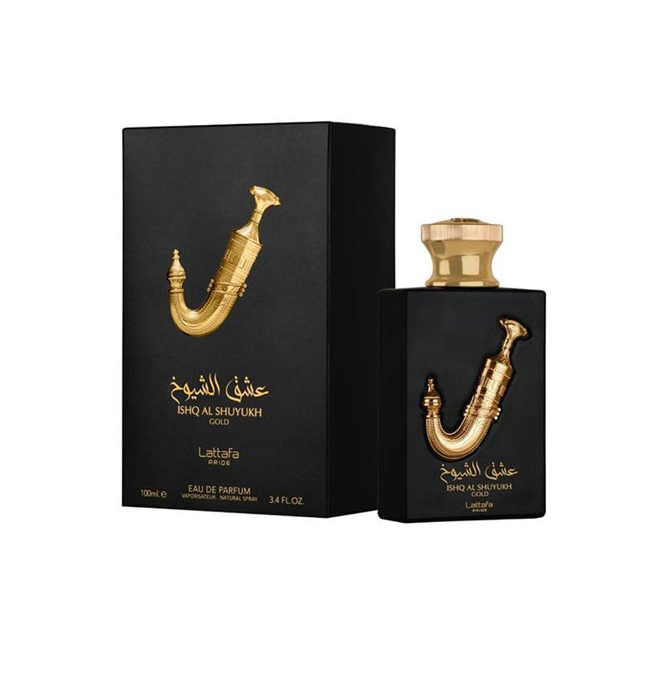 Lattafa Pride Ishq Al Shuyukh Gold Eau de Parfum bottle for men and women, featuring gold accents and elegant packaging.