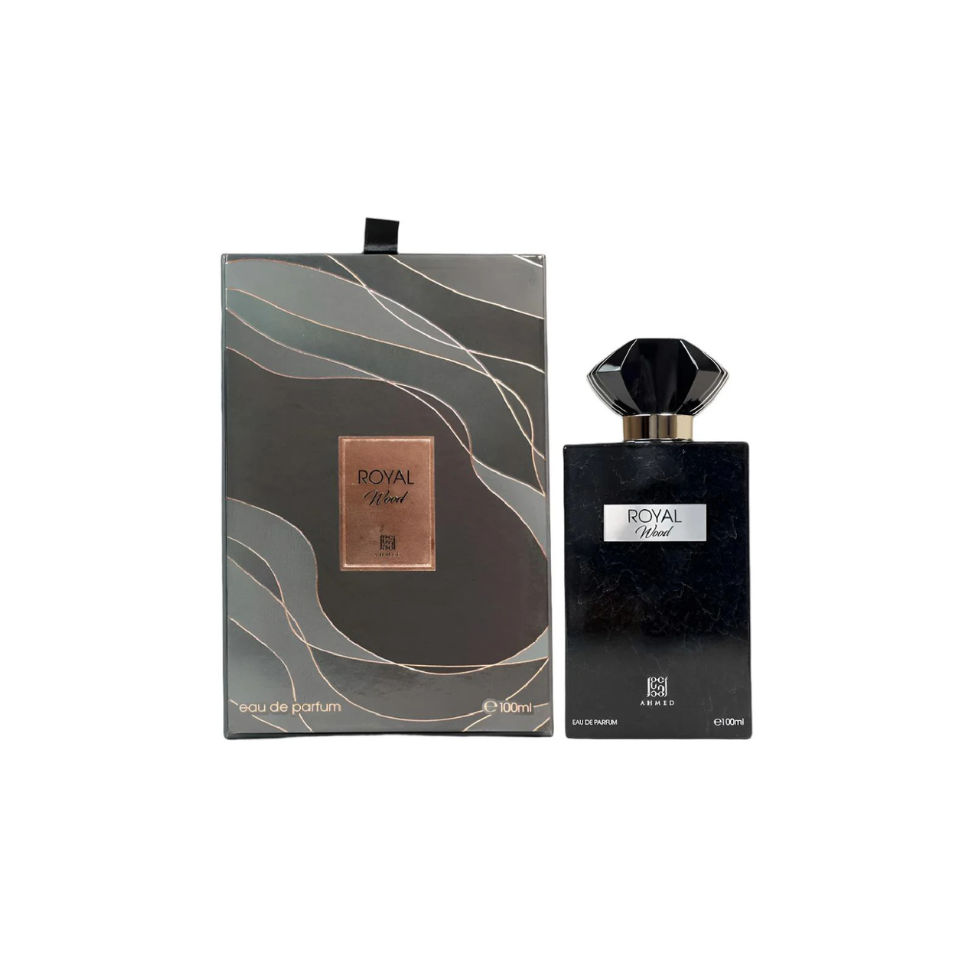 Ahmed Al Maghribi Royal Wood Eau de Parfum 100ml for men and women, featuring a sleek bottle with elegant design.