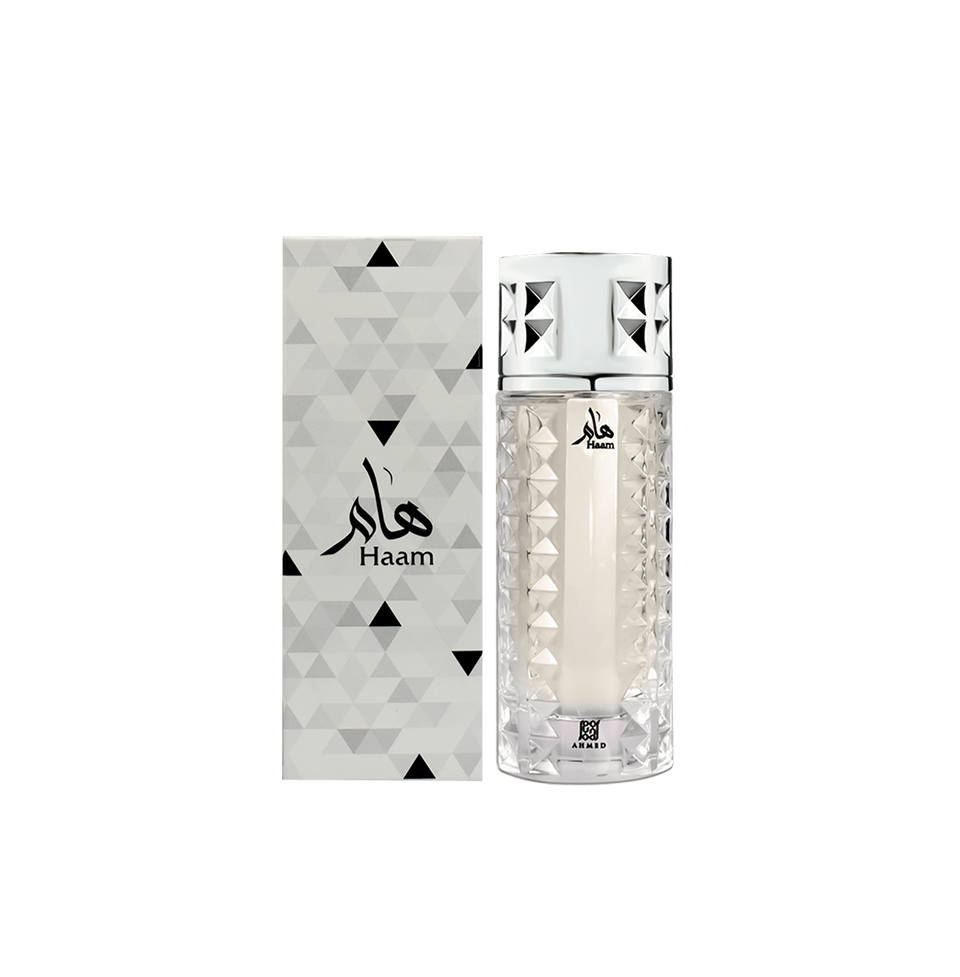 Ahmed Al Maghribi Haam Eau de Parfum 100ml bottle for men and women, sleek design with a clear glass container and black cap.