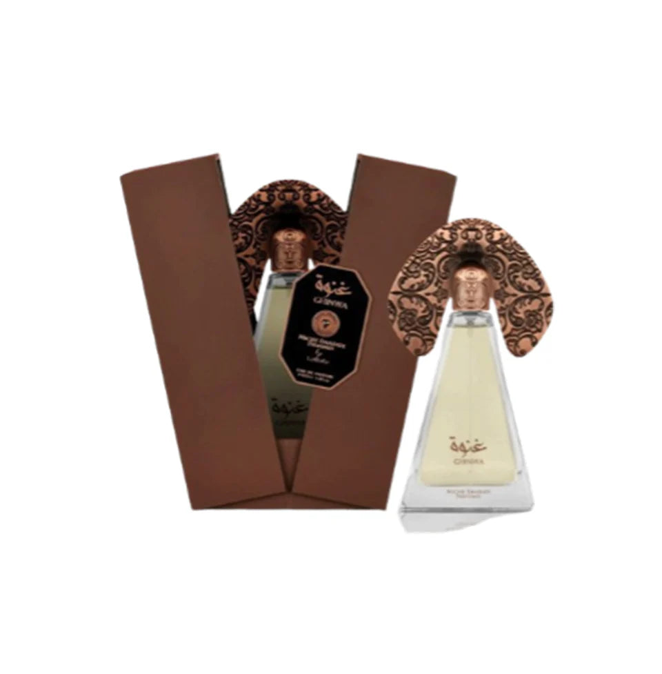 Lattafa Niche Emarati Ghinwa perfume bottle, 100ml, elegant design for men and women, Eau de Parfum by Lattafa.