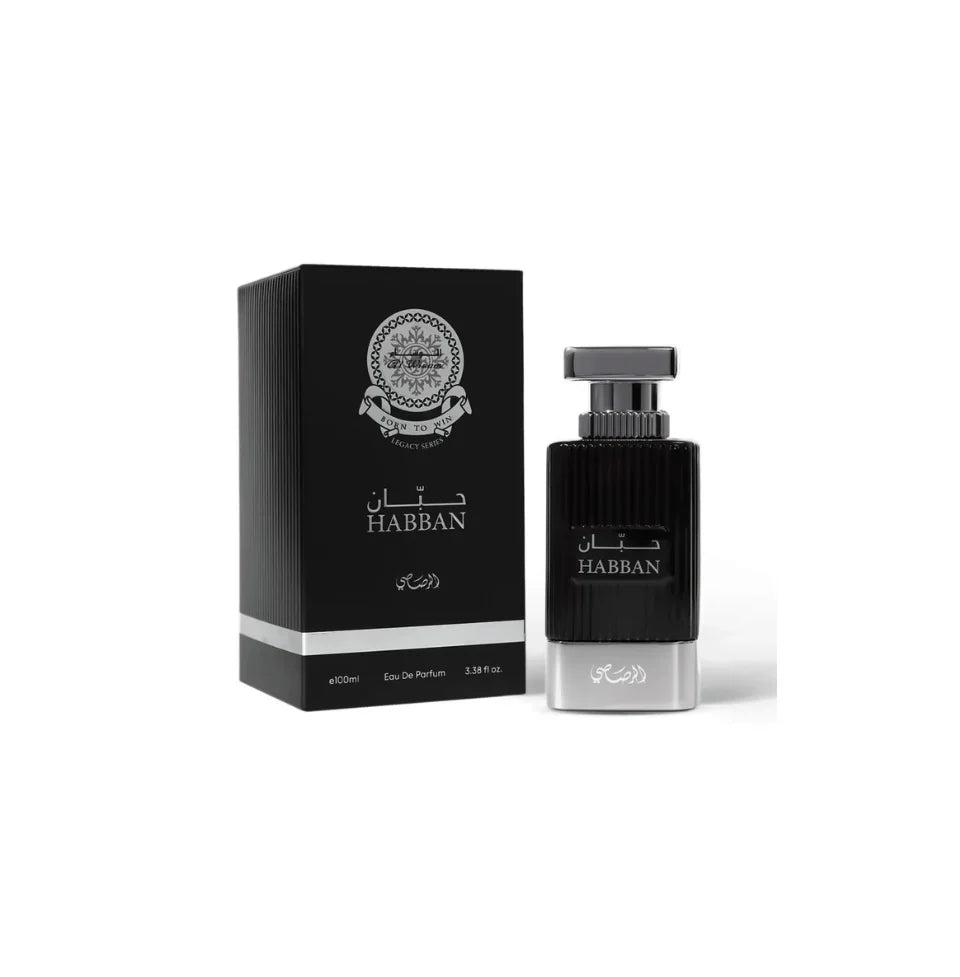 Rasasi Al Wisam Habban Eau De Parfum 100ml for men, featuring a sleek glass bottle with a black cap and elegant design.