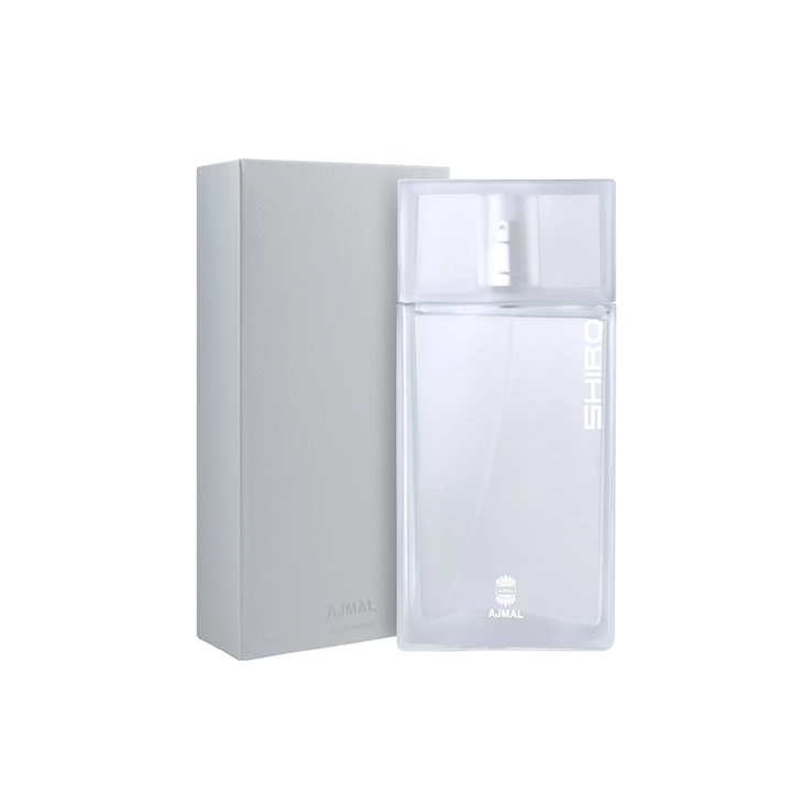 Ajmal Shiro Eau De Parfum for Men bottle with sleek design and black cap, displayed on a neutral background.