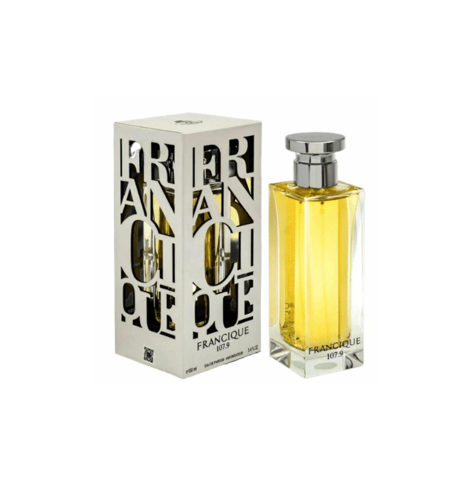 Fragrance World Francique 107.9 Eau de Parfum 100ml bottle for men and women with elegant packaging and clear branding.