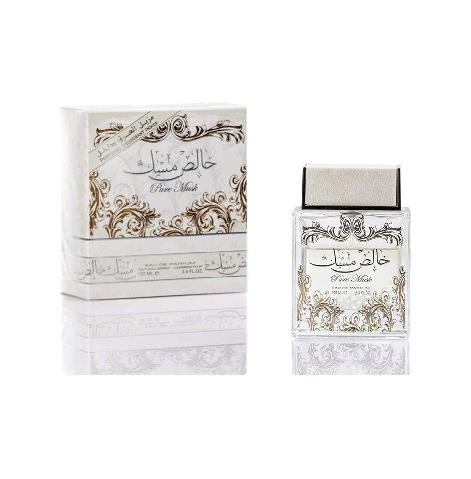 Lattafa Pure Musk Khalis Musk Eau de Parfum 100ml with 50ml free deodorant, featuring a sleek bottle and elegant packaging.