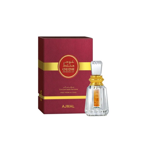 Ajmal Oudh Mukhalat concentrated perfume oil for men and women, featuring elegant glass bottle with traditional design and scent details