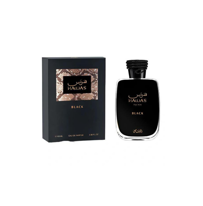 Rasasi Hawas Black Eau De Parfum 100ml for men, featuring a sleek black bottle with modern design.