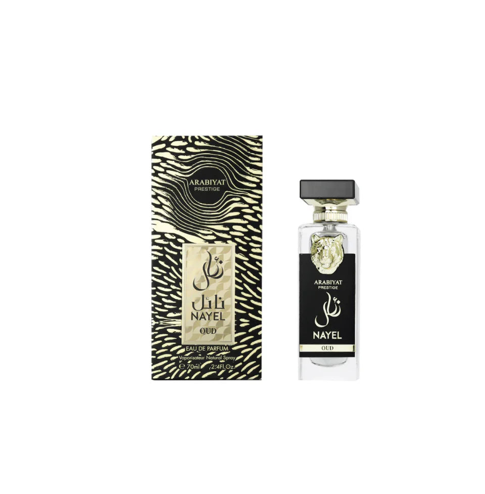 Arabiyat Prestige Nayel Oud Eau De Parfum 70ml bottle for men and women, elegant glass container with gold accents