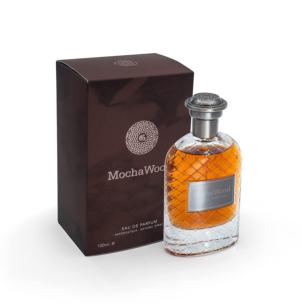 Fragrance World Mocha Wood Eau de Parfum 100ml bottle for men and women with a sleek, modern design and dark-colored cap.