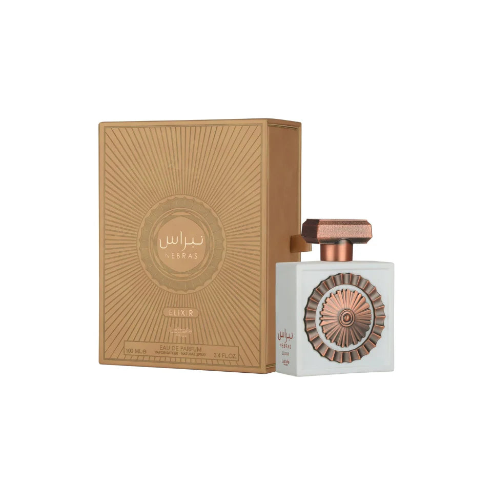 Lattafa Nebras Elixir Eau De Parfum 100ml for men and women, elegant glass bottle with gold accents, luxurious fragrance presentation.