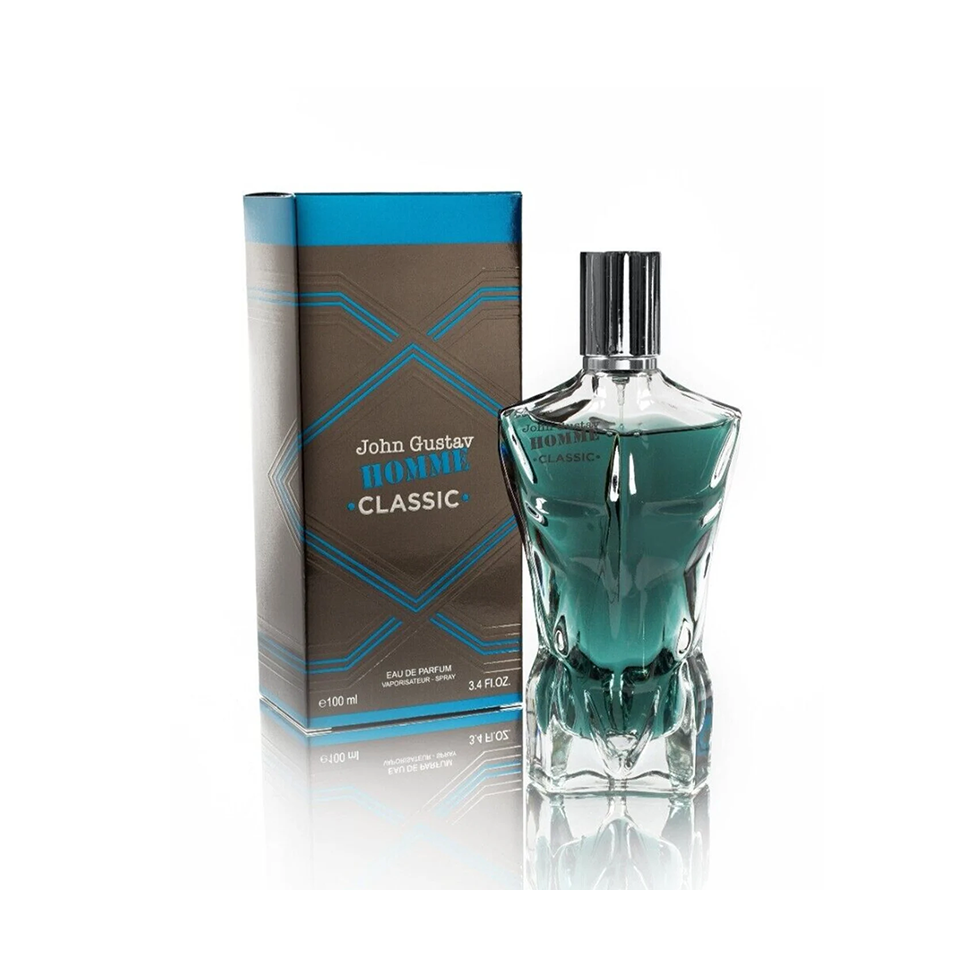 Fragrance World John Gustav Homme Classic Eau de Parfum 100ml for men, featuring sleek bottle design and elegant packaging.