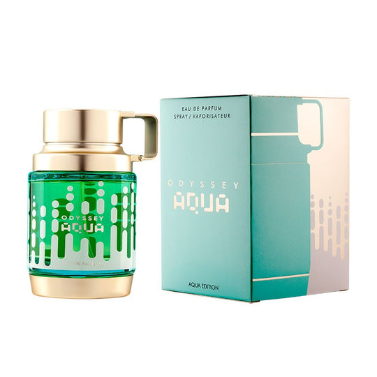 Armaf Odyssey Aqua Eau De Parfum for men, 100ml bottle with sleek design and blue liquid inside.