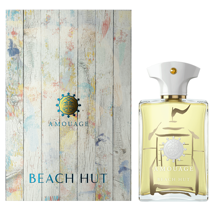 Amouage Beach Hut Men perfume bottle, 100ML, with sleek design and branding, displayed on a neutral background.