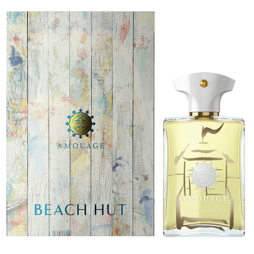 Amouage Beach Hut Men perfume bottle, 100ML, with sleek design and branding, displayed on a neutral background.