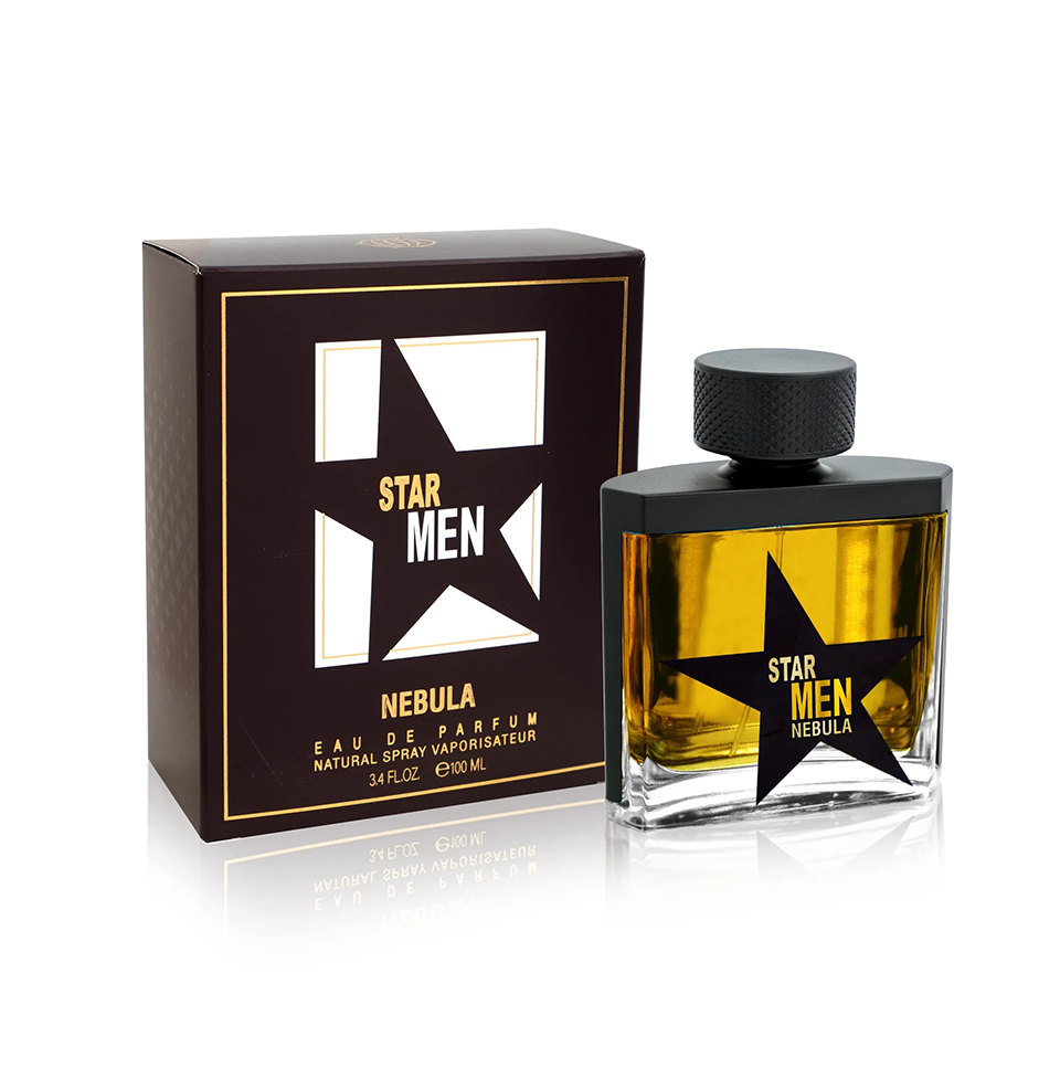 Fragrance World Star Men Nebula Eau de Parfum 100ml bottle with sleek black and silver design, for stylish men's fragrance.