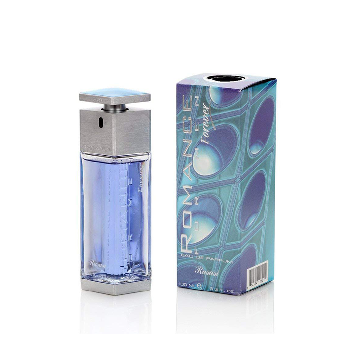Rasasi Romance Forever Eau De Parfum for Men in 100ml bottle, elegant design with a sleek, modern appearance.