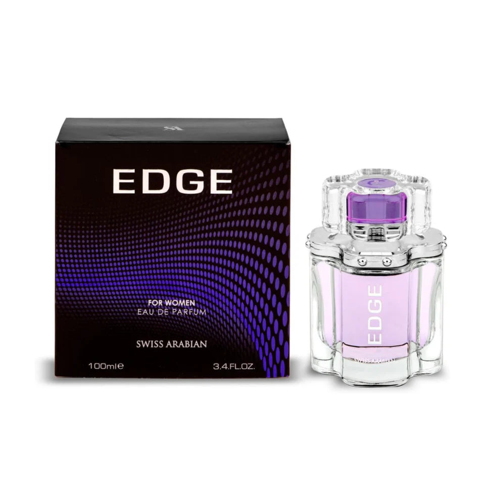 Swiss Arabian Edge Eau De Parfum 100ml bottle for women with sleek design and elegant label, showcasing the fragrance packaging.