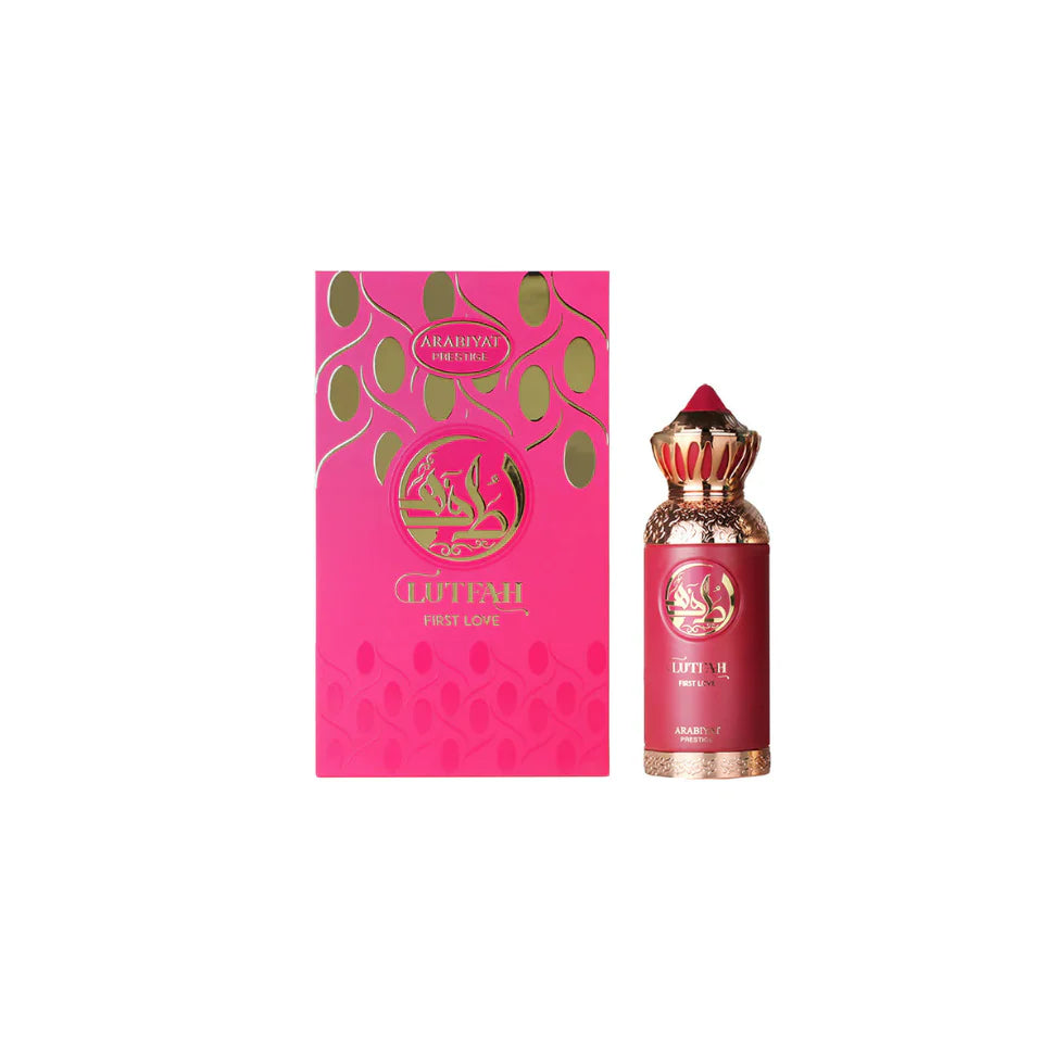 Arabiyat Prestige Lutfah First Love Eau De Parfum 80ml for women, elegant perfume bottle with floral design and soft pink accents.