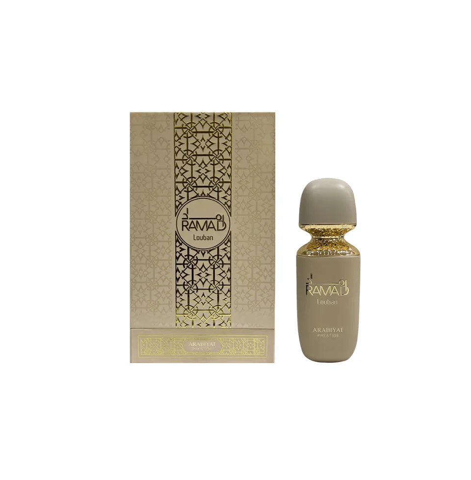 Arabiyat Prestige Ramad Louban Eau De Parfum 100ml bottle for men and women, featuring elegant design and parfum spray.