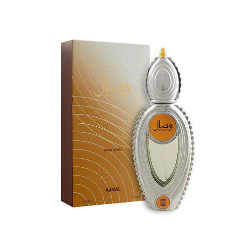Ajmal Wisal Eau De Parfum for Women bottle with floral and elegant design, showcasing the fragrance product.