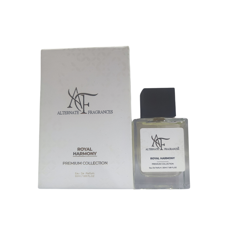Royal Harmony EDP perfume bottle by Rini Deals, elegant glass container with floral and fruity fragrance details visible.