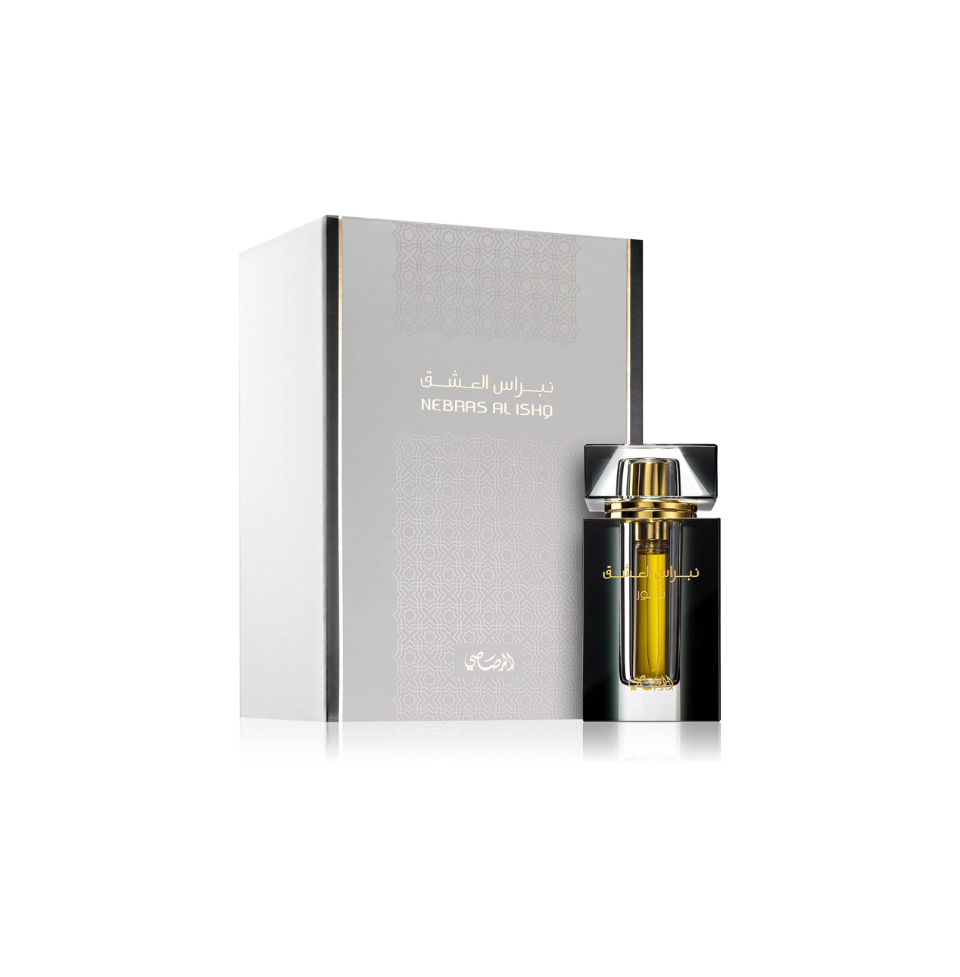 Rasasi Nebras Al Ishq Noor Attar concentrated perfume oil for men and women, 6ml bottle with elegant packaging.