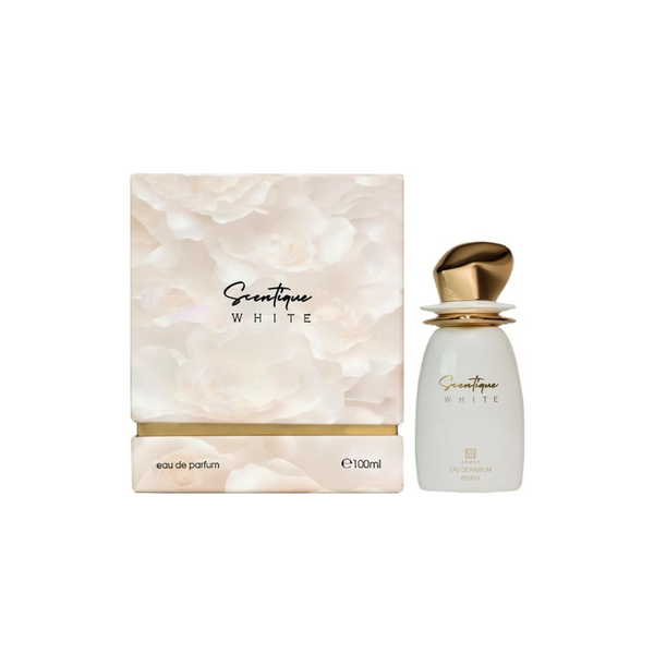 Ahmed Al Maghribi Scentique White Eau de Parfum 100ml for men and women, elegant bottle with white fragrance liquid.