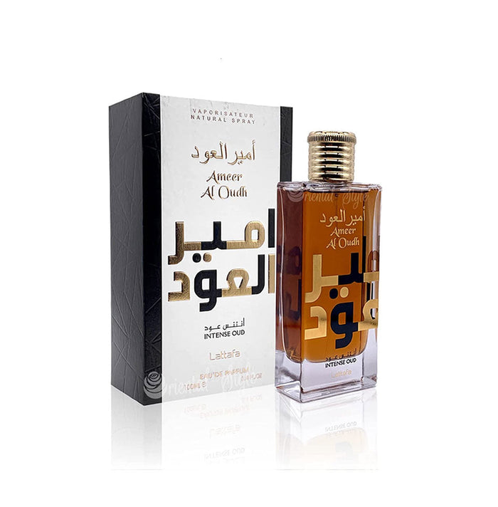 Lattafa Ameer Al Oudh Intense Eau de Parfum 100ml featuring a sleek bottle for men and women, with rich, exotic fragrance notes.